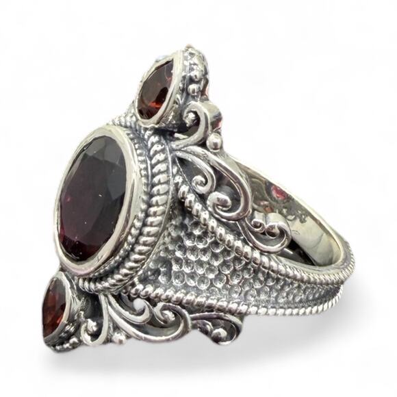 Natural Rhodolite Red Garnet Ring Hammered 925 Sterling Silver Size 9 Handmade - Picture 2 of 8